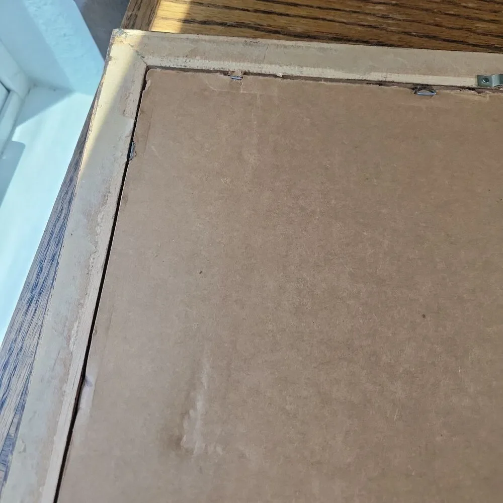 VTG Ornate 16x13 Picture Frame Brown Wood Texture 8X10 DBL Navy & Red Inset Mat